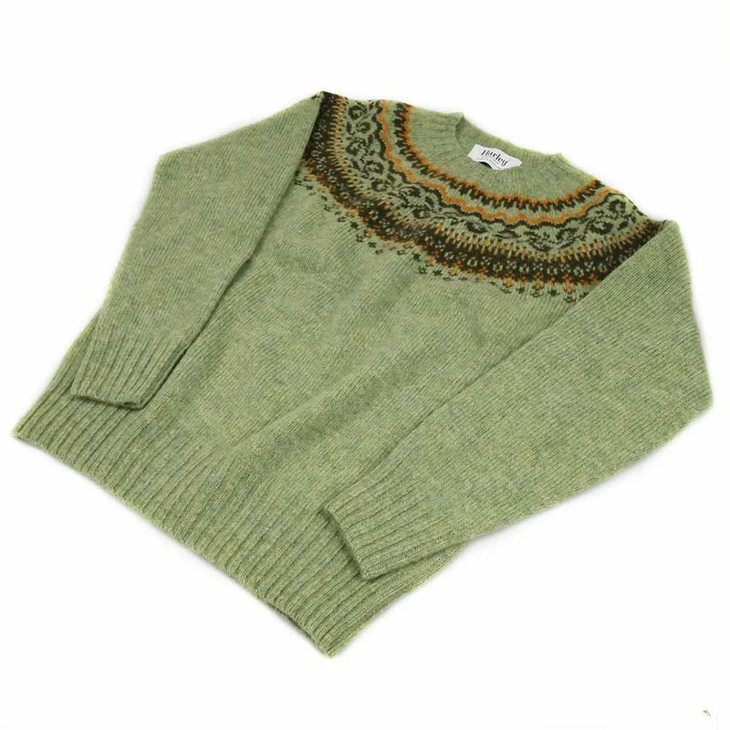 Harley of Scotland Damen Schurwolle Pullover Fairisle Muster Salbeigrün