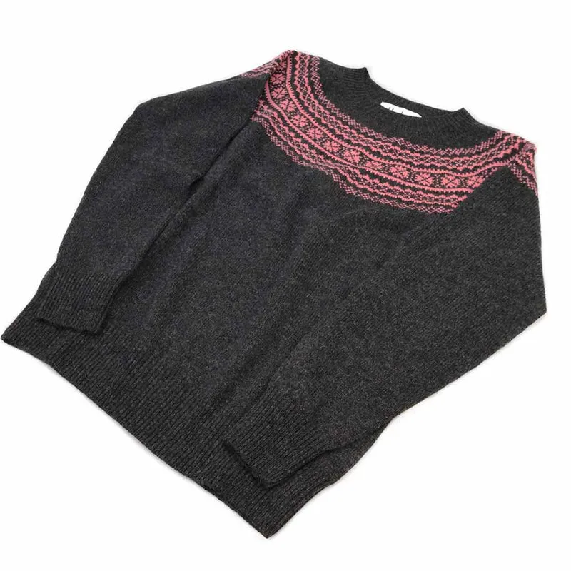 Harley of Scotland Damen Superfine Lammwolle Pullover Fairisle Grau & Rosa