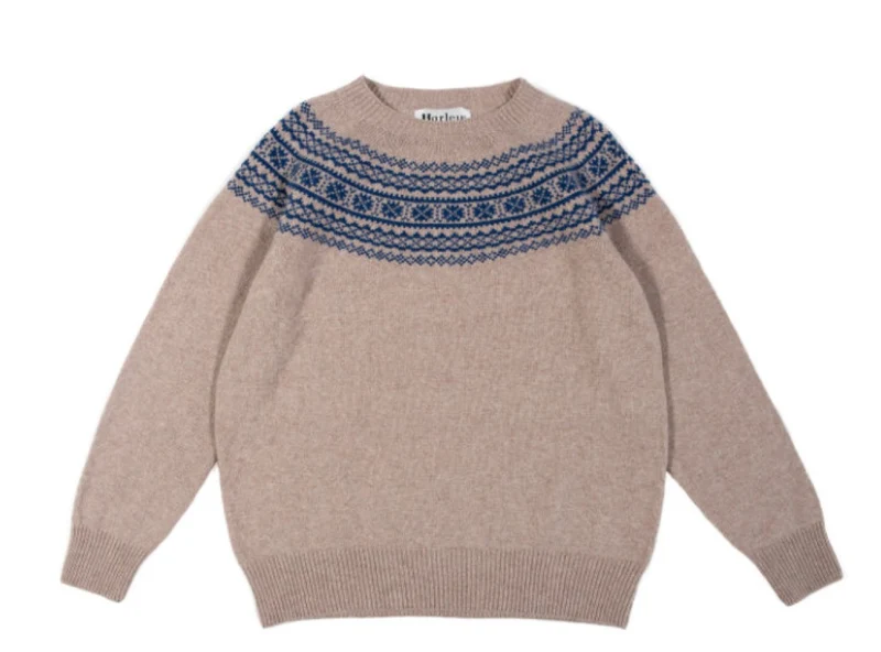 Harley of Scotland Damen Fairisle Pullover Superfine | Beige & Blau · 100% Lammwolle