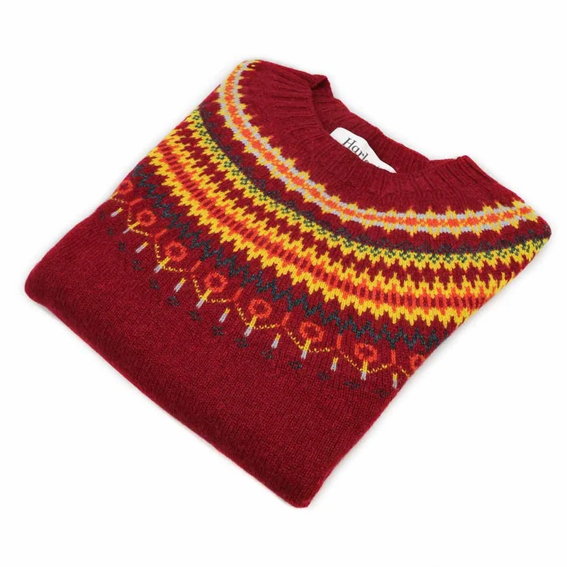 Harley of Scotland Damen Superfine Schurwolle Fairisle Pullover Rot