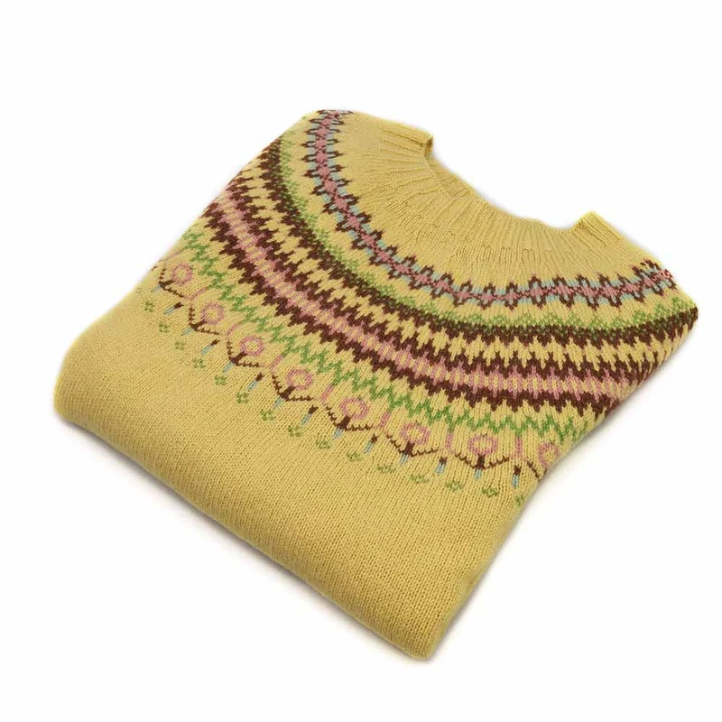 Harley of Scotland Damen Superfine Schurwolle Fairisle Pullover Pastel Gelb