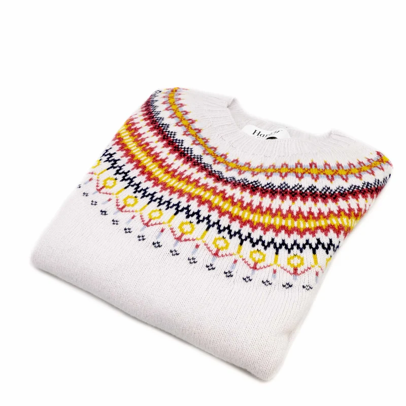 Harley of Scotland Fairisle Pullover Damen | Platin · Superfine Schurwolle