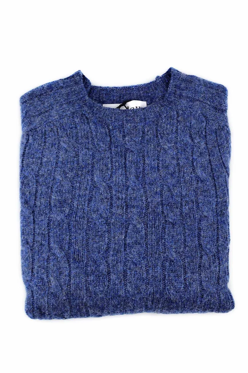 Harley of Scotland Herren Pullover Zopfmuster Schurwolle Denim Blau