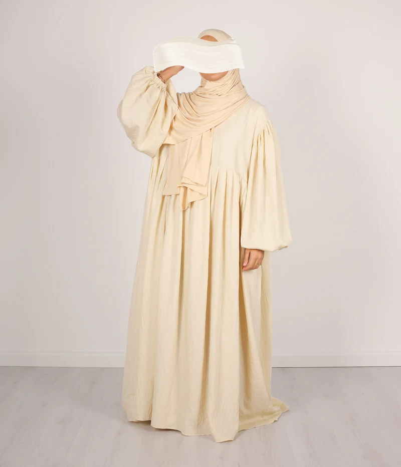 Abaya Linen Puff Sleeve Madaya- Vanilla