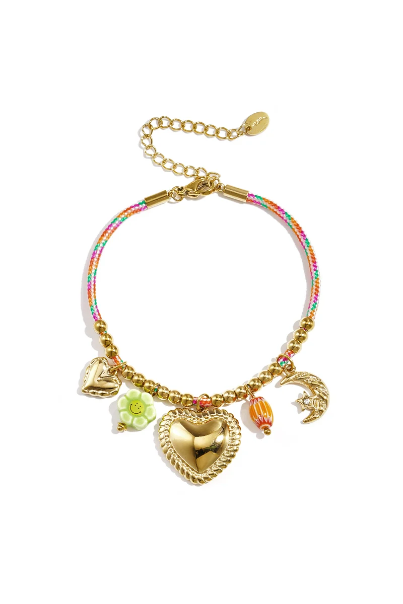 Armband met Hartjes Bedeltjes – Goudkleur | Touw & RVS