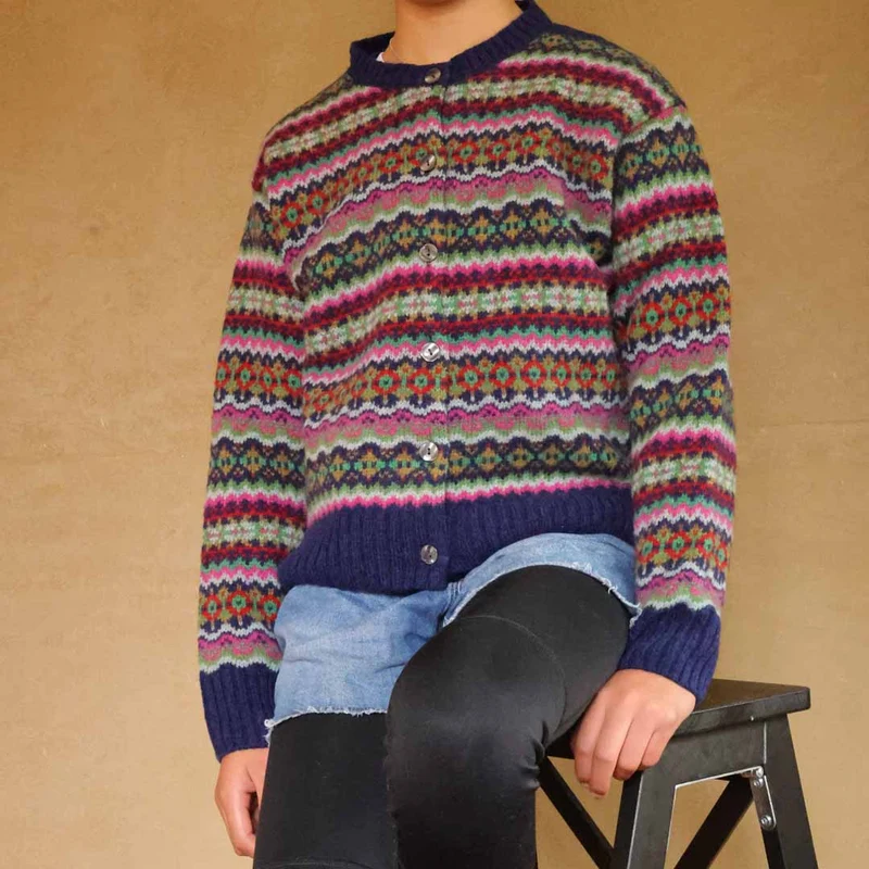 Harley of Scotland Fairisle Strickjacke Damen | Mitternachtsblau · 100% Schurwolle