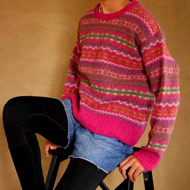 Harley of Scotland Fairisle Pullover Damen | Lippenstift Rosa · 100% Schurwolle