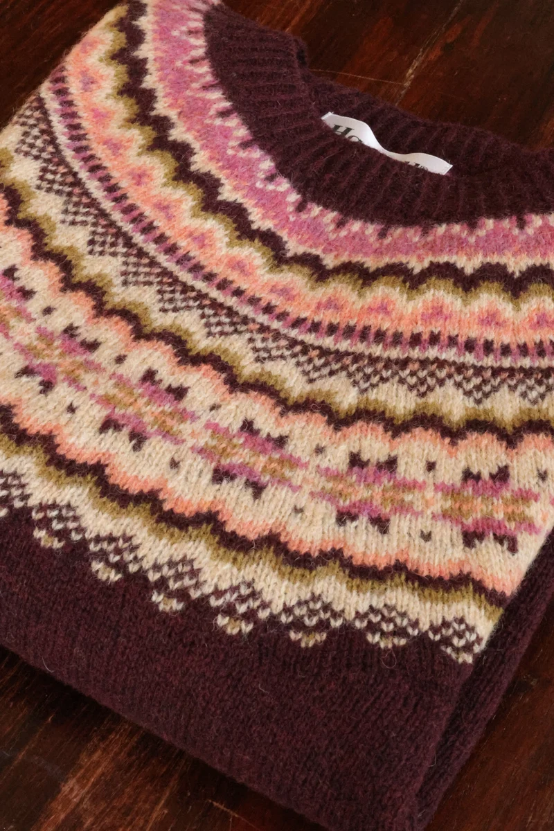 Harley of Scotland Damen Pullover mit Ärmelbündchen Fairisle Rote Bete