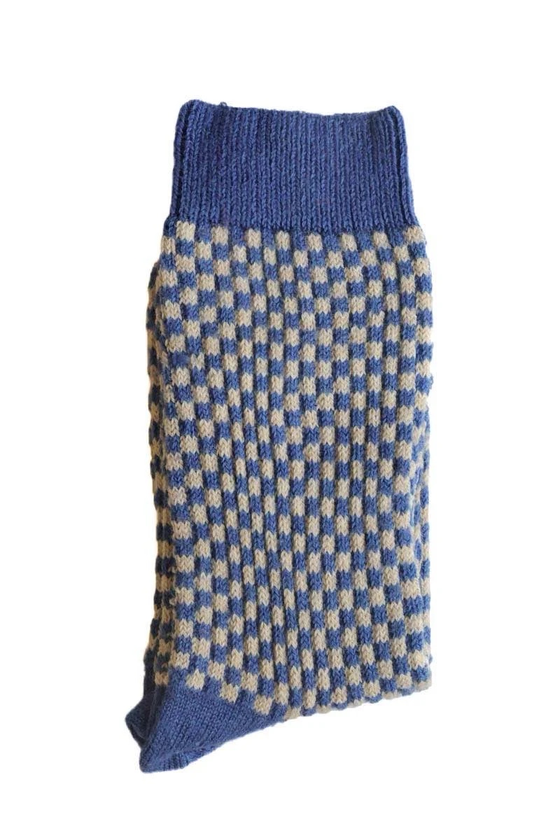 House of Cheviot Damen Karierte Merino Socken Denim Blau | Made in Scotland