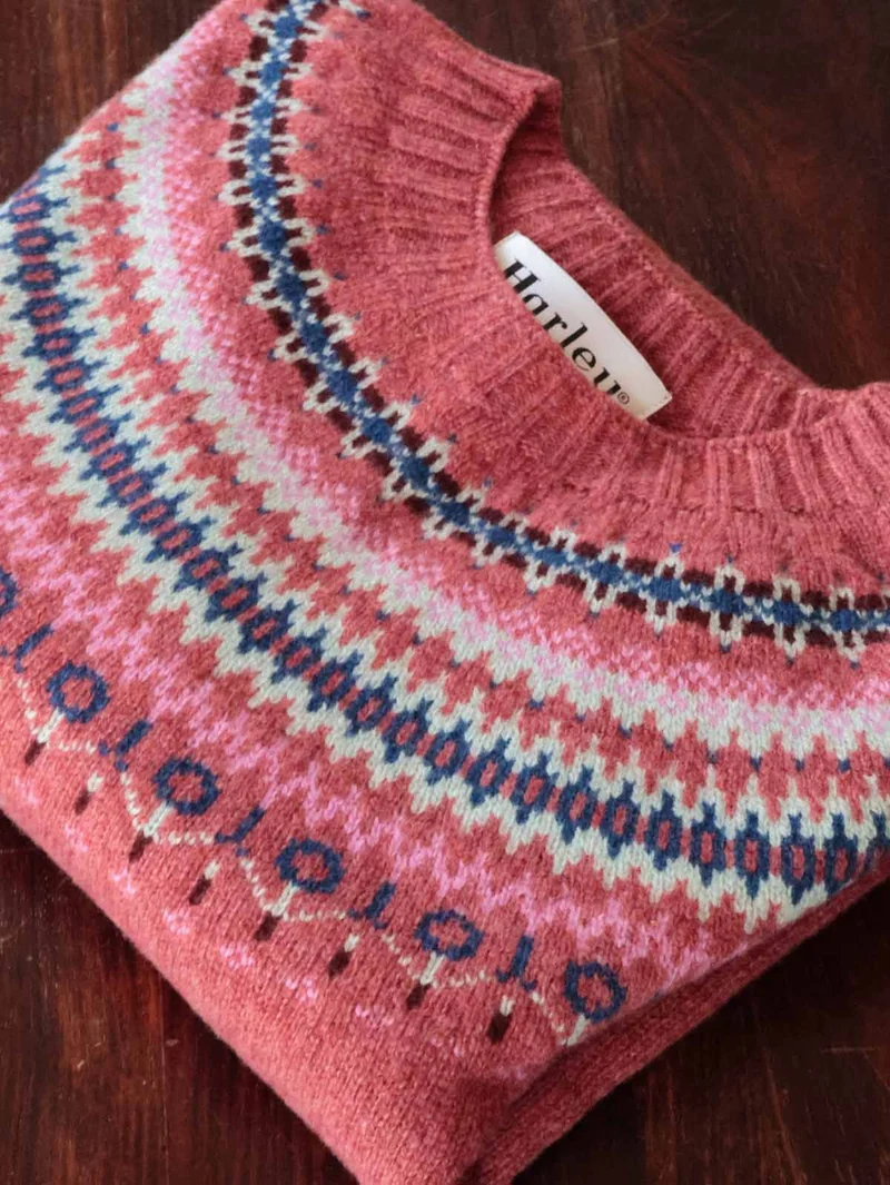 Harley of Scotland Damen Superfine Schurwolle Pullover Fairisle Rosa