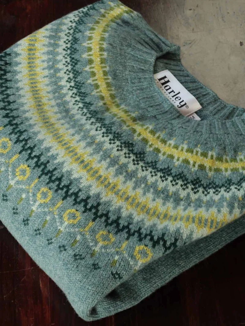Harley of Scotland Damen Superfine Schurwolle Pullover Fairisle Grün