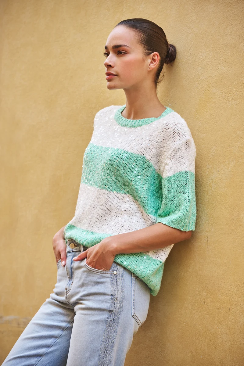 Sweater Striped Sequins Offwhite Mint SP26.02007