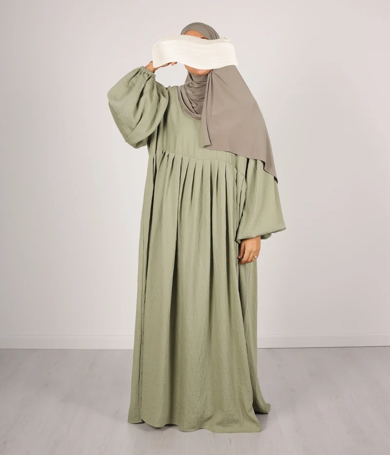 Abaya Linen Puff Sleeve Madaya- Vintage Green