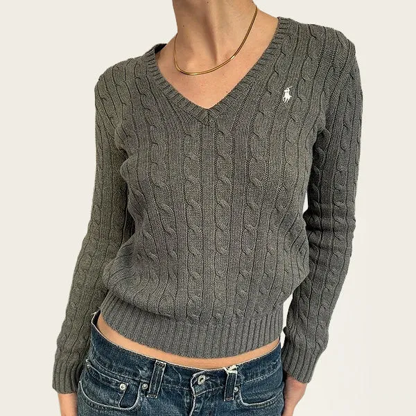 Ralph Lauren grijze kabeltrui V-hals
