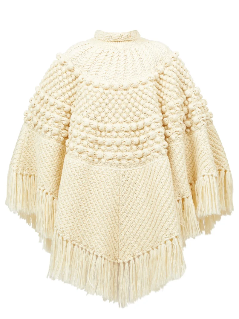 Fringed bobble-knit poncho