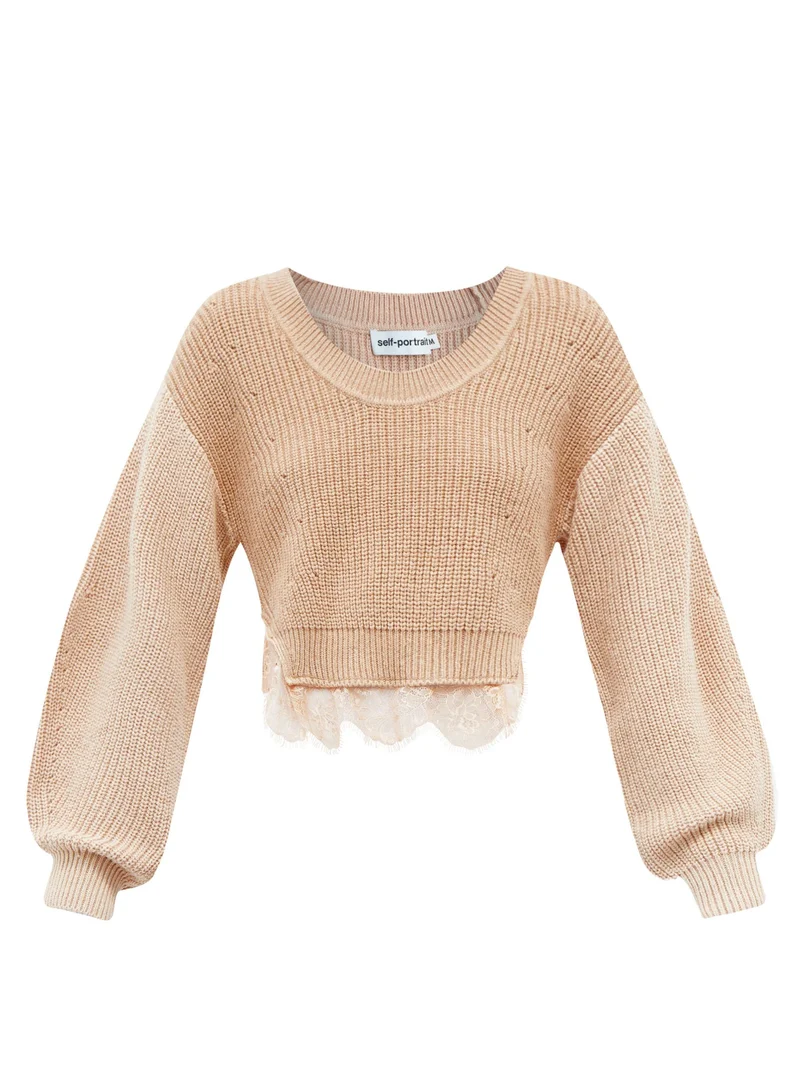 Cropped lace-trimmed cotton-blend sweater