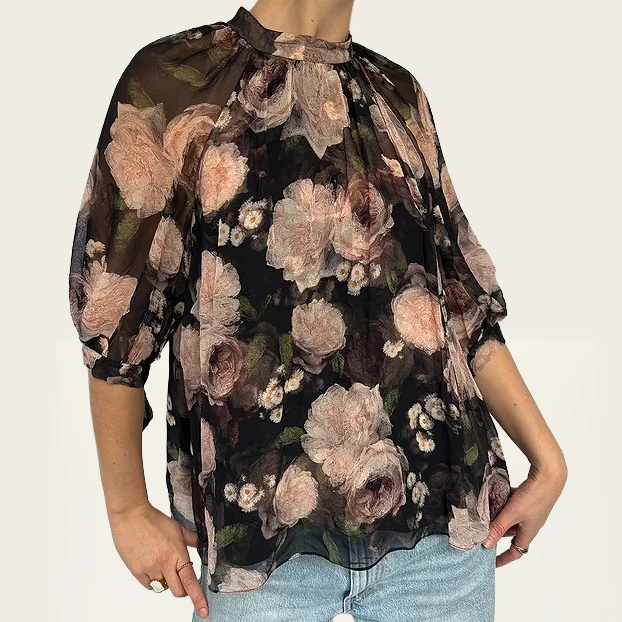 Erdem soepelvallende zijden top met bloemenprint