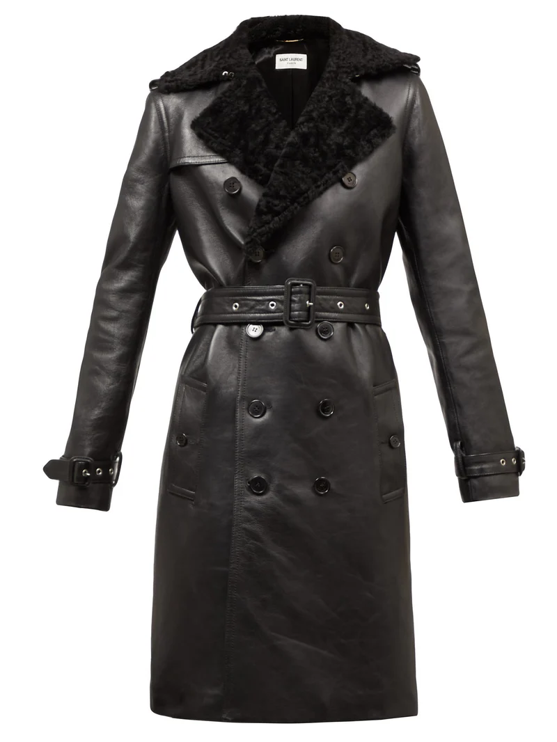 Double-breasted shearling trench coat