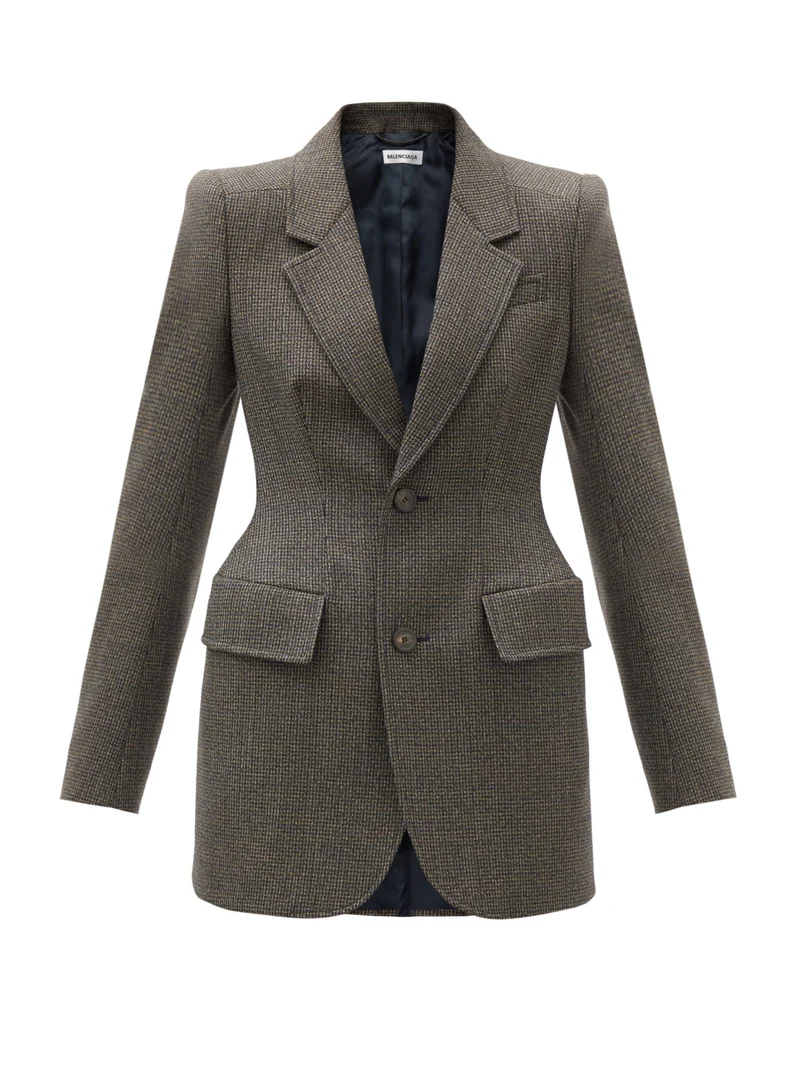 Hourglass-waist checked wool-tweed blazer