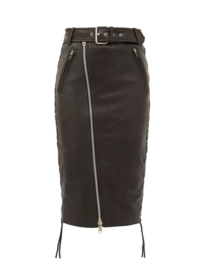 Zip and lace-up leather biker skirt