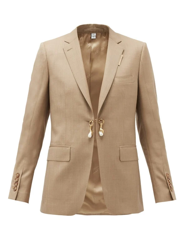 Pearl-charm single-breasted wool-blend jacket