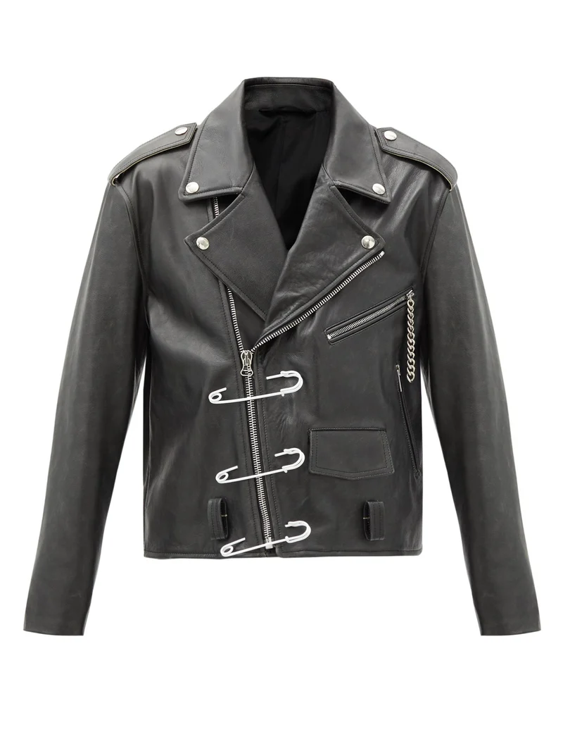 Safety-pin leather biker jacket