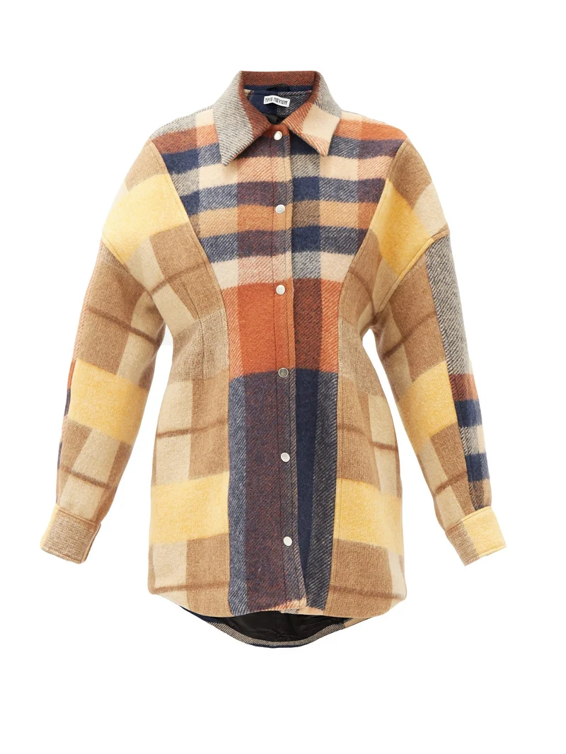 Upcycled checked wool-panelled shirt jacket