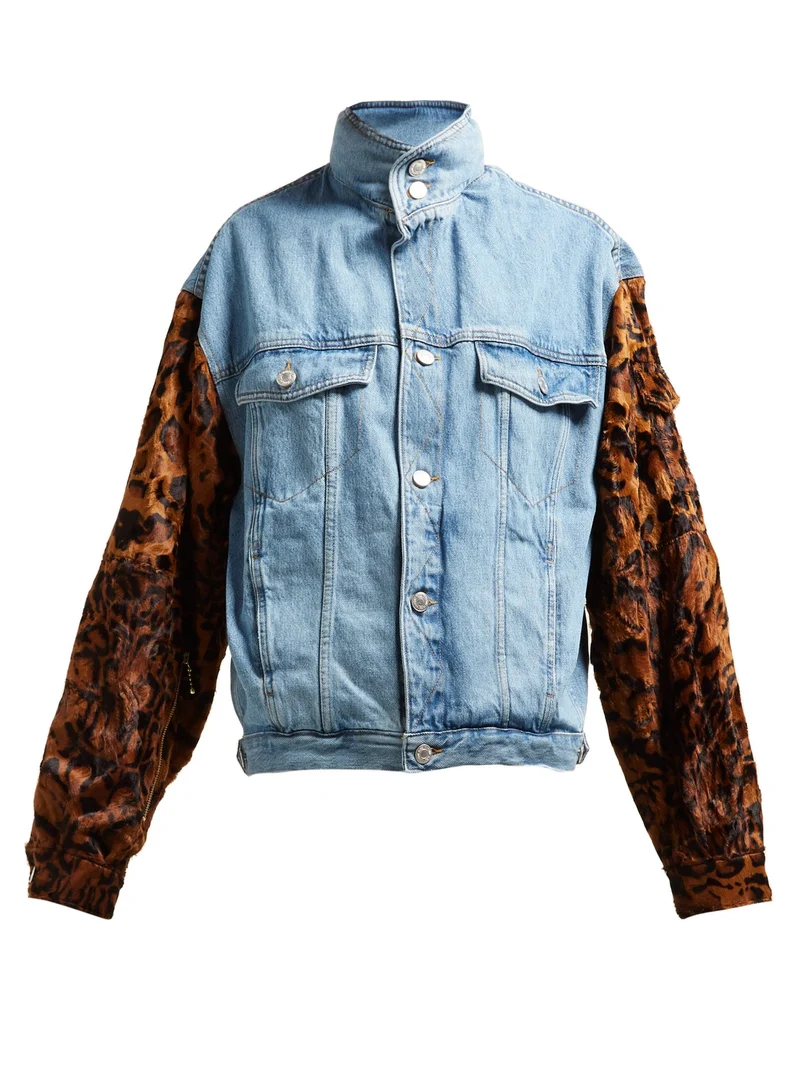 Leopard-sleeve denim jacket