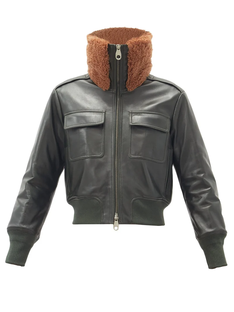 Shearling-collar leather bomber jacket