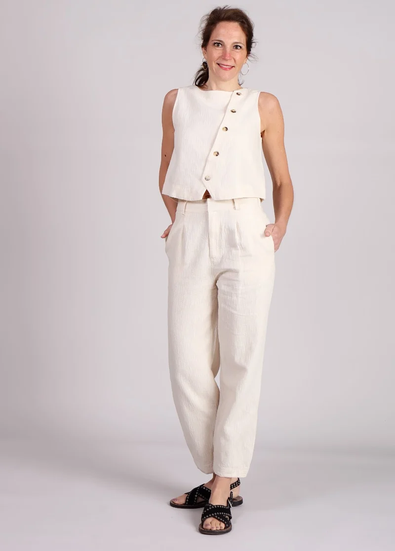 FRNCH Pepita broek beige linnen met plooien