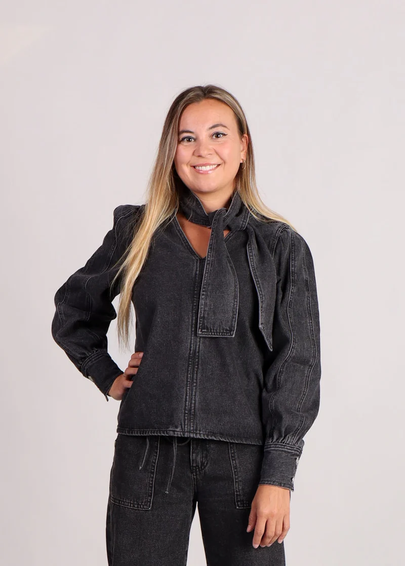 FRNCH Buds blouse met knoopkraag denim zwart