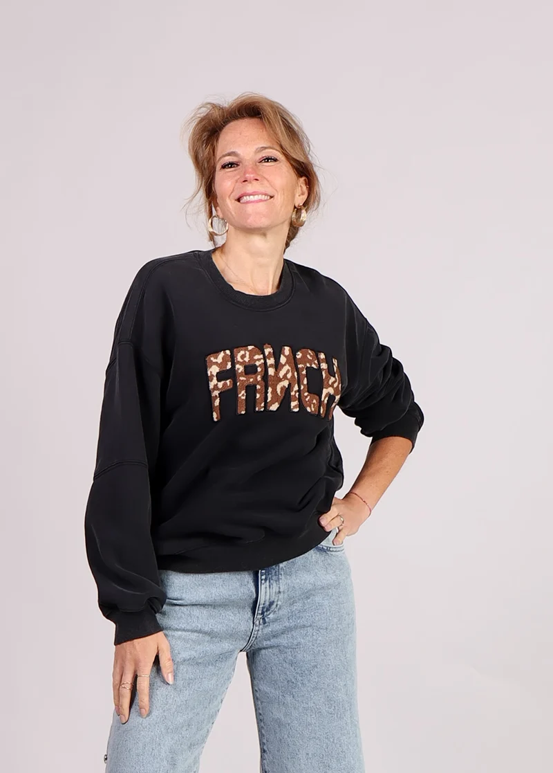 FRNCH Lime sweater met opdruk grijs