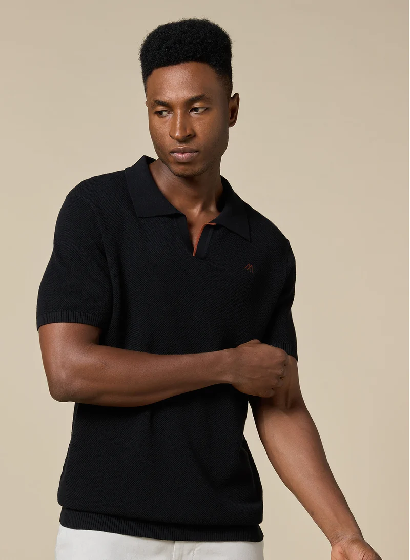 The Shadow – Cotton V-Neck Polo, Jet Black, Comfort Fit