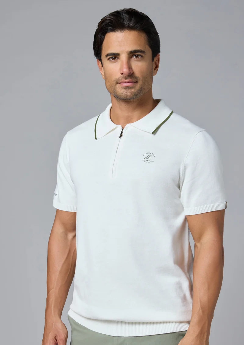 The Snowfall – White Cotton Polo with Quarter-Zip, Comfort Fit
