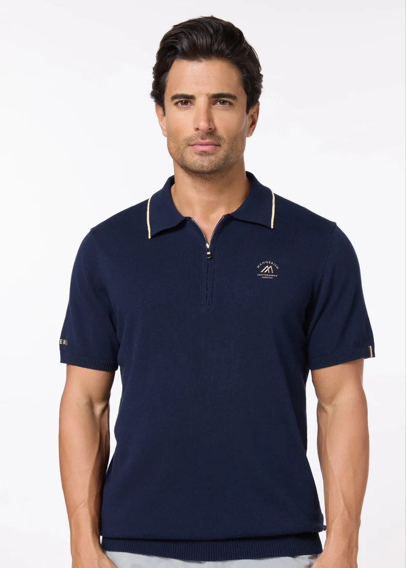 The Deep Navy – Cotton Polo with Quarter-Zip, Comfort Fit