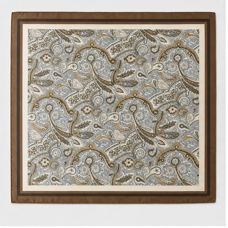 HS Zijde Look Sjaal 70x70 - Taupe Paisley Bruine Rand