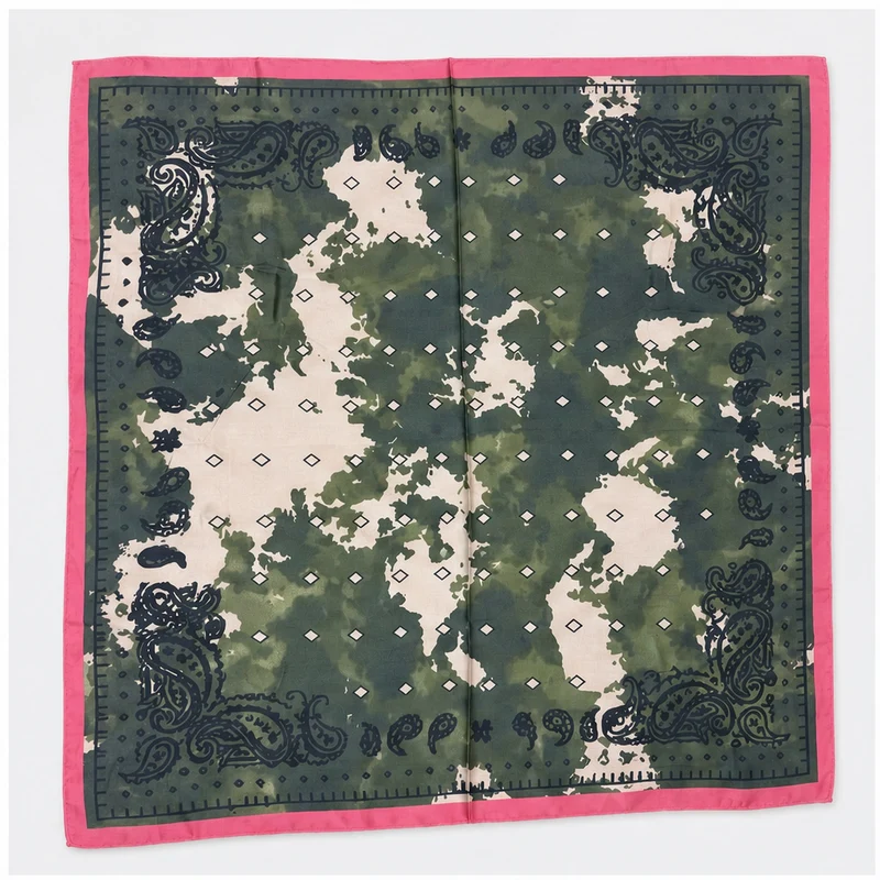 HS Zijde Look Sjaal 70x70 - Donkergroen Paisley Fuchsia Rand