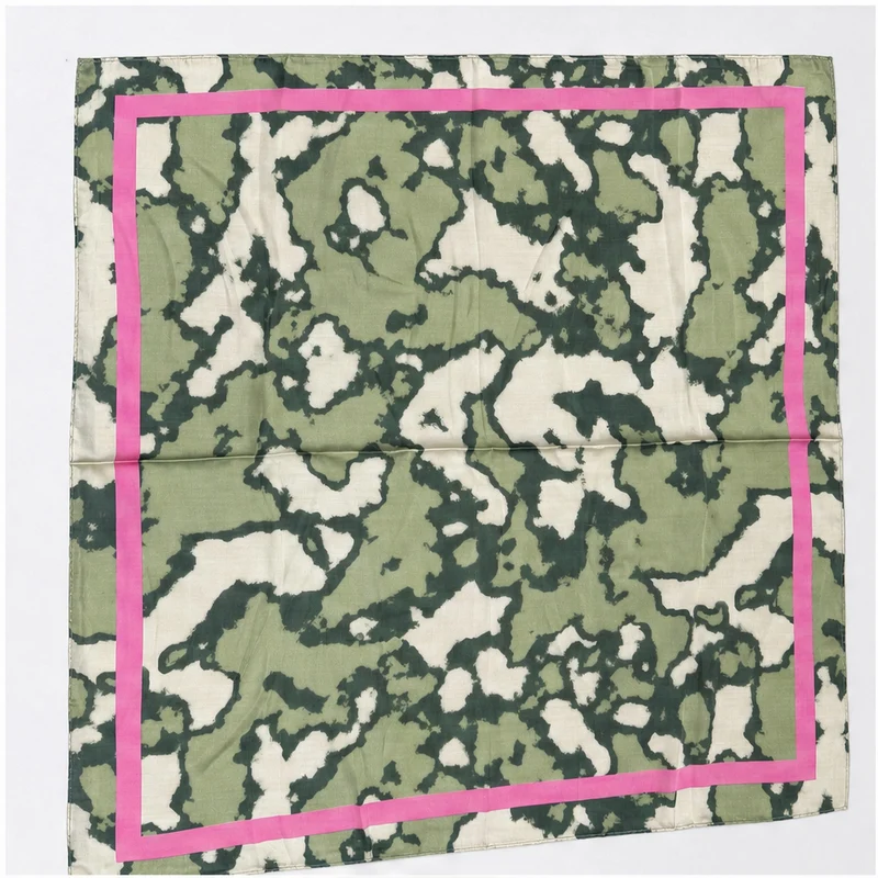 HS Zijde Look Sjaal 70x70 - Olijfgroen Marmer Fuchsia Rand