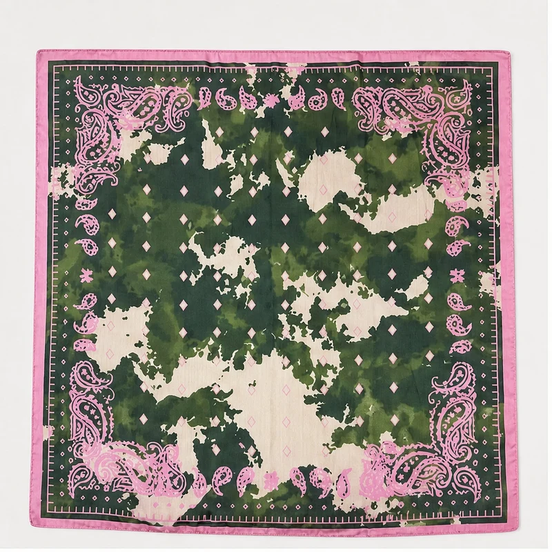 HS Zijde Look Sjaal 70x70 - Legergroen Paisley Roze Rand