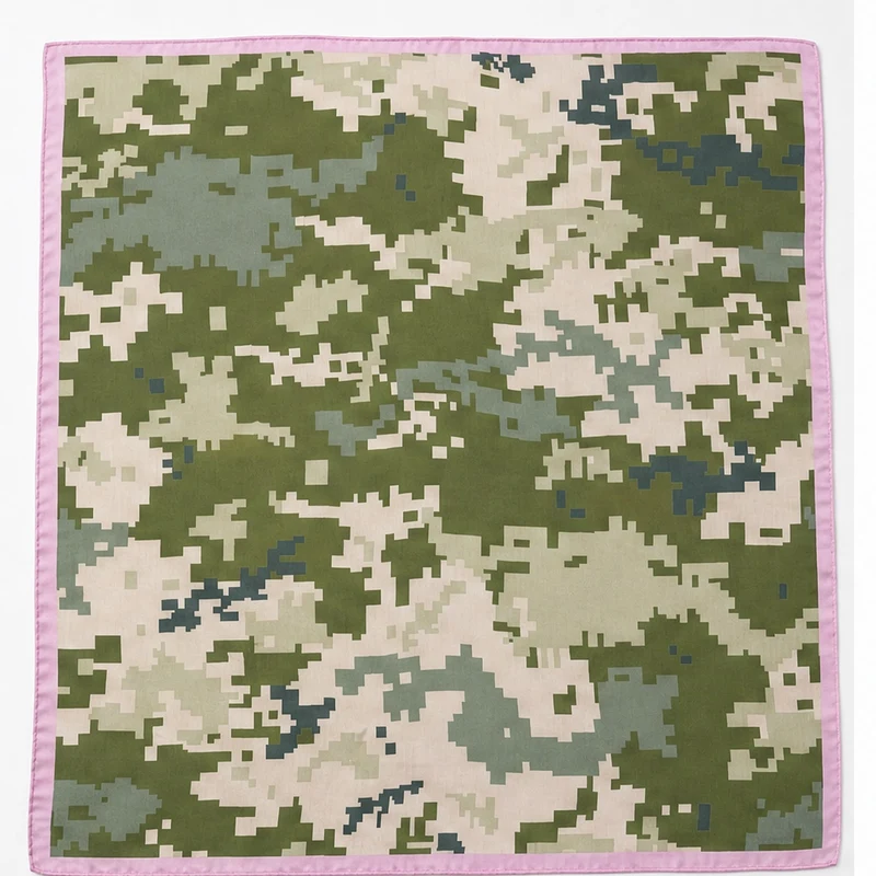 HS Zijde Look Sjaal 70x70 - Legergroen Pixel Roze Rand