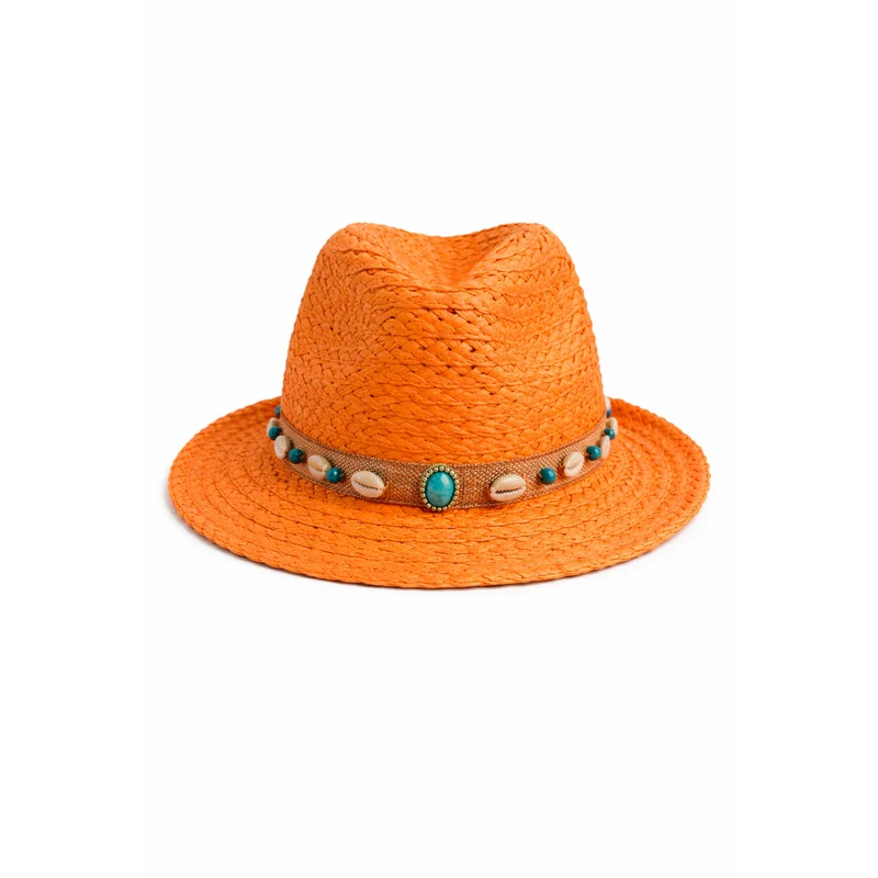 HS Hoed - Oranje - Met Steentjes en Schelpen - zomerse accessoire - oranje statement